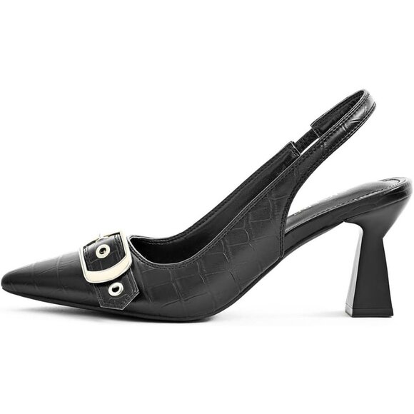Black Synthetic Women Kitten Heels Pointed Toe Pumps Dress Shoes with Buckle - Picture 2 of 10